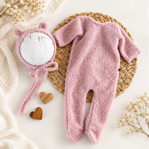 Conjunto Macacão com touca Ursinho Rosa