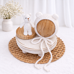 Conjunto Touca e Ursinho de Mohair Branco