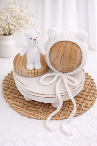 Conjunto Touca e Ursinho de Mohair Branco
