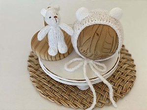 Conjunto Touca e Ursinho de Mohair Branco
