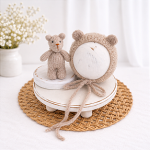 Conjunto Touca e Ursinho de Mohair Bege Claro