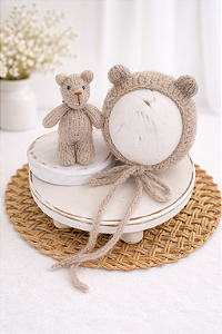 Conjunto Touca e Ursinho de Mohair Bege Claro