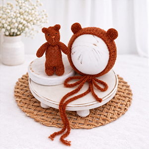 Conjunto Touca e Ursinho de Mohair Ferrugem