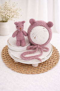 Conjunto Touca e Ursinho de Mohair Rosê