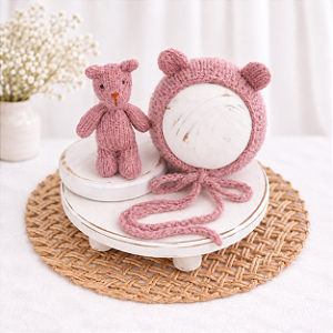 Conjunto Touca e Ursinho de Mohair Rosê