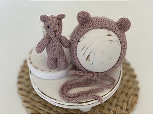 Conjunto Touca e Ursinho de Mohair Rosê