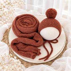 Conjunto Wrap com Touca Pompom Mohair Ferrugem