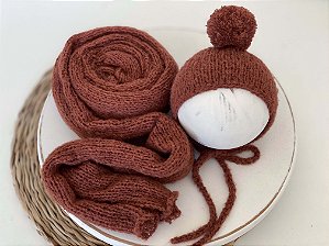 Conjunto Wrap com Touca Pompom Mohair Ferrugem