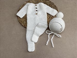 Conjunto Macacão Mohair Touca Pompom Branco
