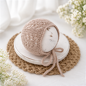 Touca Merino Trabalhada Bege Newborn