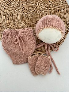 Kit Tapa Fralda, Touca e Polaina Newborn Salmão