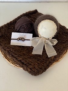 Kit Marrom - Layer Merino 40x40 - Touca - wrap malha - Headband