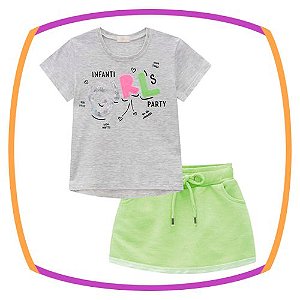 Conjunto infantil blusa com patch em paetê  e shorts saia em moleton verde neon