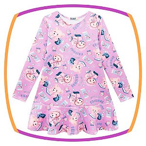 Vestido infantil em flytech na cor lilas estampado ursos (acompanha bolsa em fleece)