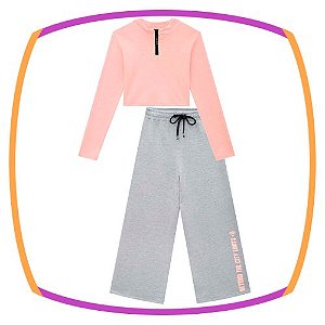 Conjunto infantil cropped canelado laranja NEON e calça em moleton