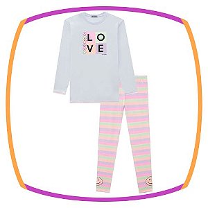 Pijama infantil meia malha LOVE e calça legging em malha comfy listrada