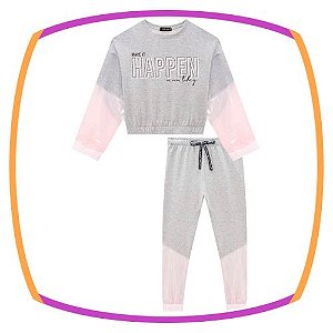 Conjunto infantil de blusão cropped e calça jogger em molecotton e nylon holográfico