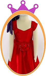 Vestido infantil Liso em Cetim e Flores no Cinto