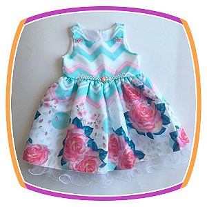 Vestido infantil Estampa Rosas Grandes e Aplique de Pérola