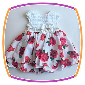 Vestido infantil Corpo em Nervura e Saia Estampada em Rosas 