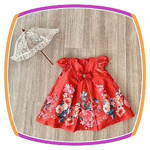 Vestido infantil Estampa de Flores no Barrado e Laço com Pedras 