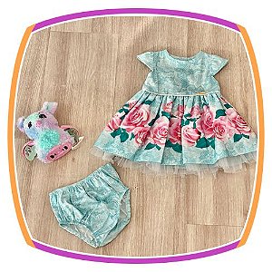 Vestido infantil com Aplique de Pedras e Barra da Saia Estampa de Flores