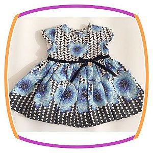 Vestido infantil Estampa Preta e Flores Azuis
