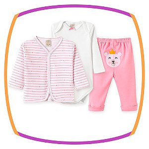 Conjunto para bebe Body e calça em suedine com bordado na cor rosa e casaco estampa CORAÇÃO