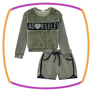 Conjunto Infantil Blusão em pelo ADORABLE e Shorts em Moleton com pelucia