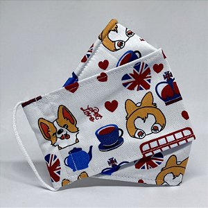 Máscara 3D Londres com Corgi e Chá - Tripla Camada