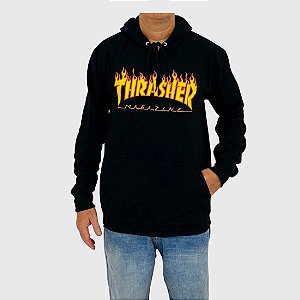 Moletom Thrasher Capuz Fech Flame Logo Preto