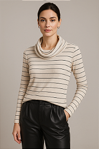 Blusa Feminina Malha Canelada Listrada Manga Longa Gola Max
