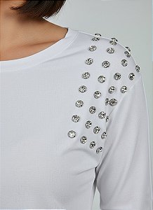 Blusa Feminina Bordada Strass Lateral Manga 7/8