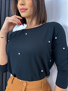 Blusa Feminina Manga 7/8 Bordada Frente Com Strass