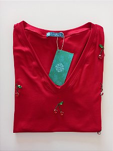 Blusa Feminina Bordada Cereja Viscolycra