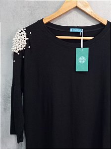 Blusa Feminina Bordada Com Pérolas No Ombro Manga 7/8