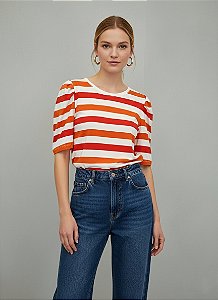 Blusa Feminina Listra Laranja Manga Com Prega Viscolycra