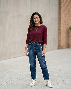 Blusa Feminina Manga 7/8 Decote Redondo Cores Neutras