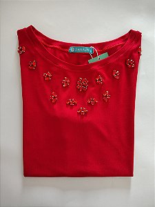 Blusa Feminina Vermelha Com Bordado Em Pedraria Vermelha Viscolycra