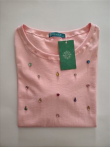 Blusa Feminina Algodão Rosa Com Pedraria
