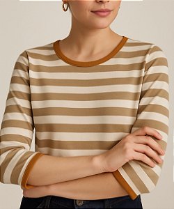 Blusa Feminina Listra Bege com Caramelo Manga 7/8