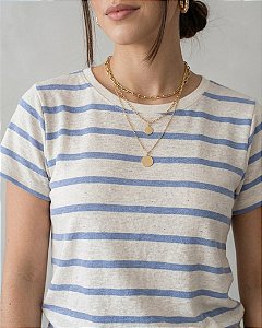 Blusa Feminina Listra Azul Viscolycra Com Linho