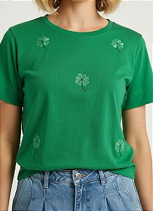 Blusa Feminina Algodão Verde Com Bordado Trevo