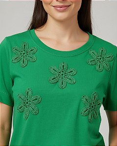 Blusa Feminina Verde Com Flores em Crochê Algodão