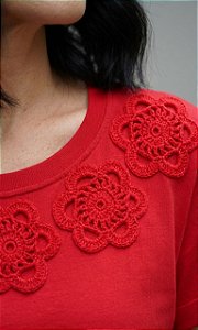 Blusa Feminina Vermelho Com Flores em Crochê Algodão