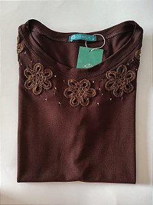 Blusa Feminina Marrom Com Flores em Crochê Viscolycra