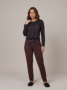 Pijama Malha Cropped Preto e Calça Love