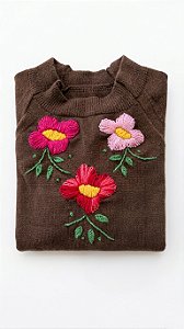 Blusa Tricot Modal Marrom Bordada