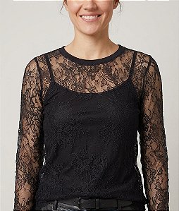 Blusa Feminina Preta Renda Com Regata de Viscolycra