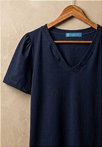 Blusa Feminina Manga Levemente Franzida Decote V Algodão